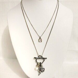 BOHO Layered Wing Heart Charm Necklace Silver Tone